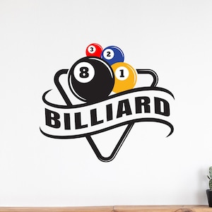 May include: A black and white billiard logo featuring a black 8-ball, a yellow 1-ball, a blue 2-ball, and a red 3-ball. The word "BILLIARD" is written in bold, black letters. The logo is set against a white background.