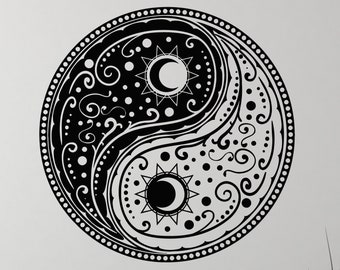 Yin Yang Mond Sterne Wandaufkleber – 48x48 Cm Schwarz – Selbstklebend Für Wohnzimmer, Schlafzimmer & Meditation