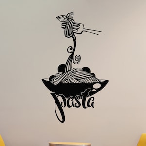 May include: Black and white wall decal of a bowl of spaghetti with a fork and the word "pasta" underneath.