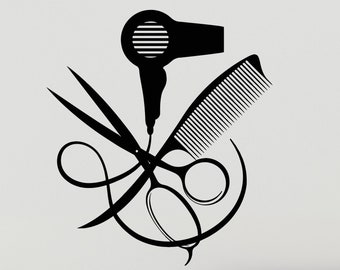 Hair Salon Tools Vinyl Wall Decal Beauty Salon Sign Barbershop Decoration Scissors Comb Hairdressing Hairstyling Stickers Mural (#3195da)