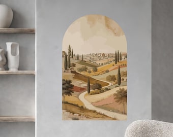 Vinilo decorativo de pared con diseño de arco, paisaje mediterráneo de colinas, mural de vinilo, campo toscano, panel de pared autoadhesivo dci757