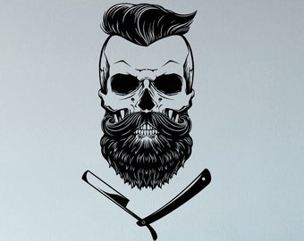 Skull Barbershop Vinyl Wall Decal Barber Shop Decoration Straight Razor Hair Salon Hairdressing Men's Decor Stickers Mural (#6319di)