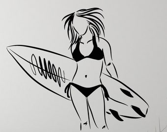 Surfer Girl Vinyl Wall Decal Surfing Woman Beach Style Surfboard Surf Stickers Mural (#3039di)