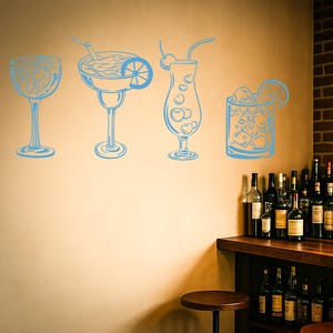 Cocktail Glasses Vinyl Wall Decal – Peel-and-Stick Drink Mural for Home Bar, Kitchen, Café, Party Decor – Custom Color & Size (#962da)
