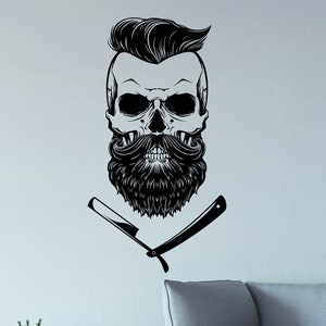 Skull Barbershop Vinyl Wall Decal Barber Shop Decoration Straight Razor Hair Salon Hairdressing Men&#39;s Decor Stickers Mural (#6319di)
