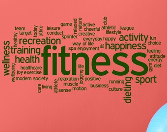 Fitness Word Cloud Logo Vinyl Wall Decal Sport Gym Healthy Lifestyle Motivational Stickers Mural (#6181di)