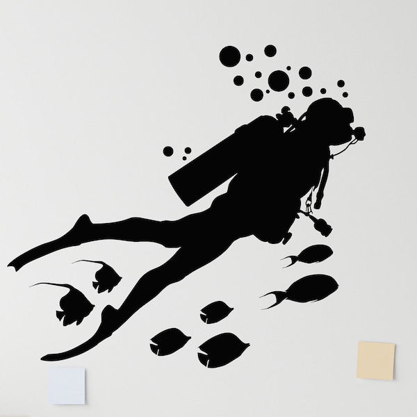 Diver Vinyl Wall Decal Scuba Diving Fishes Silhouette Bubbles Ocean Sea Marine Decor Stickers Mural (#5090di)