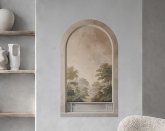 Adesivo de parede em arco com vista para janela, paisagem, vinil, cena clássica neutra, fácil de aplicar, para interiores (dci747)