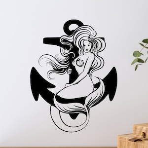 Mermaid Vinyl Wall Decal Nautical Sea Style Hot Siren Beautiful Girl Anchor Stickers Mural (#1109da)