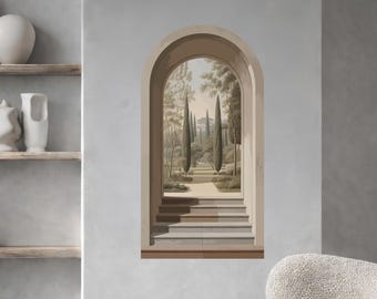 Vinilo decorativo de pared con diseño de arco, paisaje de jardín toscano, mural de vinilo, arte de pared clásico neutro, decoración autoadhesiva dci750