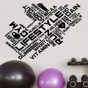 May include: A white wall with black text that reads "NO PAIN NO GAIN" and other words related to fitness and a healthy lifestyle. There are two exercise balls, one black and one purple, and a dumbbell rack with black dumbbells.