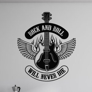 Calcomanía de vinilo para pared con diseño de rock and roll, guitarra con alas, para sala de música, estudio de músicos, cita, festival, pegatinas mural (#7147dg)