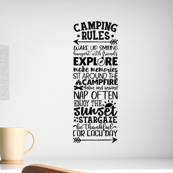 Camping Rules Vinyl Wall Decal RV Decor Camper Gift Camp Trailer Decoration Outdoor Cabin Lodge Art Graphics Quote Stickers Mural (#9112dg)