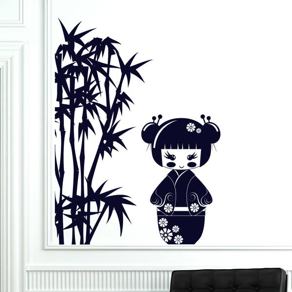 Wall Art sticker Kokeshi poupée japonaise avec bambou Branches Kids Play Room Decor (#2607dn)