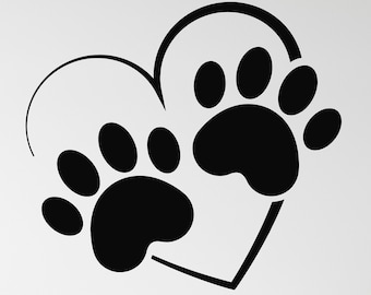 May include: Black paw prints inside a heart shape, a wall decal. The heart is outlined with a single line, and the paw prints are solid black. The design is simple and elegant, suitable for pet lovers.