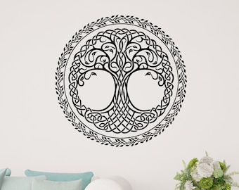 Sticker mural arbre celtique en vinyle, feuilles d&#39;arbre de vie, décoration de chambre irlandaise, stickers muraux (#2614di)