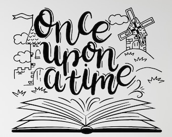Once Upon A Time Vinyl Wall Decal Open Book Reading  Kids Room Fairy Tales Stickers Mural (#1507dg)