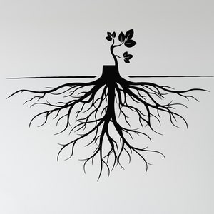 May include: Black and white silhouette of a tree with roots growing out of the ground. The tree is on a white wall in a bathroom setting.