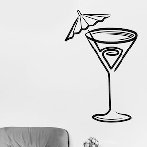 Wall Vinyl Decal Cocktail Glass with Cocktail Tube Cafe Restaurant Decor  (#2748dn)
