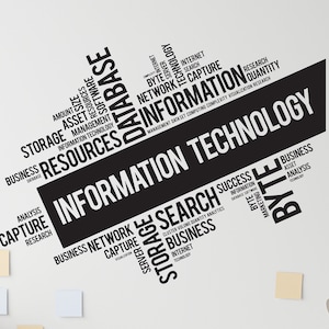 Może przedstawiać: Czarno-biała naklejka ścienna w kształcie chmury słów z napisem "Technologie informacyjne" dużą czcionką. Słowa są ułożone po przekątnej, a mniejsze słowa otaczają główną frazę. Naklejka jest przeznaczona do naklejania na ścianę.