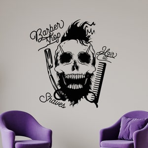 Barbershop Vinyl Wall Decal Barber Shop Skull Straight Razor Comb Hair Salon Window Art Decor Stickers Mural (#6432di)