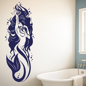 Meerjungfrau Vinyl Wand Aufkleber | Peel-and-Stick Ocean Wandbild | Abnehmbarer Meerjungfrau-Aufkleber | Dekor für Mädchenzimmer, Kinderzimmer (#3206da)