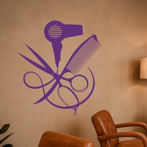 Hair Salon Tools Vinyl Wall Decal – Beauty Barber Shop Scissors Comb Hair Dryer Stylist Art Sticker – Spa & Salon Interior (#3195da)