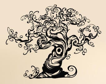 May include: Black and white silhouette of a whimsical tree with swirling branches and a thick trunk. The tree is on a cream-colored wall above a wooden crib with a striped mattress and a ruffled skirt.