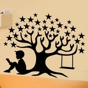 Reading Boy Vinyl Wall Decal Knowledge Tree Library Book Corner School Child Room Stickers Mural (#3275da)