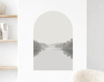 Adesivo de parede em vinil com arco e cena de lago, arte de parede minimalista e neutra, mural de janela escandinavo Japandi para decoração de casa dci763