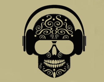 Sugar Skull Vinyl Wall Decal Headphones Glasses Music Room Art Stickers Mural (#2767di)