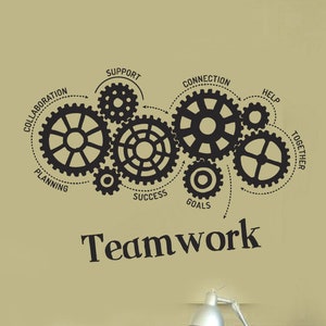 Può includere: Adesivo da parete in bianco e nero con un design di ingranaggi interconnessi. Gli ingranaggi sono etichettati con parole come "Support", "Connection", "Help", "Together", "Planning", "Collaboration", "Success" e "Goals". Le parole "Teamwork" sono scritte sotto gli ingranaggi.