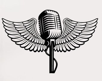 Microphone with Wings Vinyl Wall Decal Karaoke Music Bar Musical Decor Stickers Mural (#3100di)