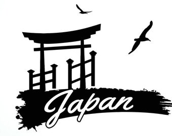 Vinilo decorativo de pared japonés con pájaros en una puerta Torii, decoración de cultura asiática oriental (#1926di)