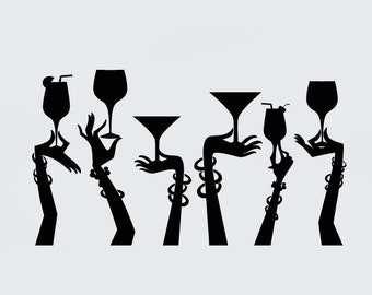 Cocktail Glasses Vinyl Wall Decal Hands Party Nightclub Bar  Stickers Mural (#2815di)