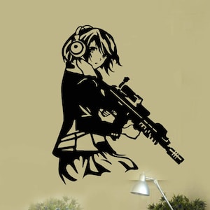 Calcomanía de vinilo para pared con diseño de chica militar, auriculares de anime y manga, decoración de habitación, mural (#2555di)