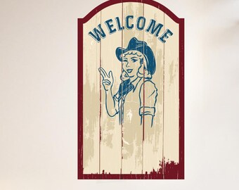 Vintage Wild West Welcome Sign Vinyl Decal Rustic Cowgirl Saloon Door Sticker For Entryway, Bar, Cabin Western Man Cave DIY Wall Decor dci29