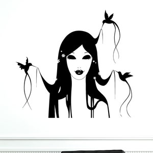 Hair Salon Vinyl Wall Decal Beauty Style Birds Beautiful Girl Woman Decor Stickers Mural (#2075di)