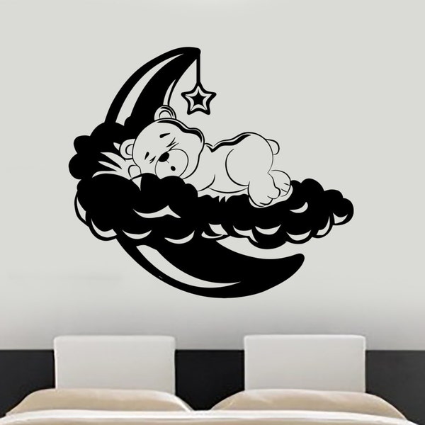 Wall Vinyl Decal Teddy Bear Sleeping Cloud Stars Bedroom Nursery Decor Mural Art 1482dz