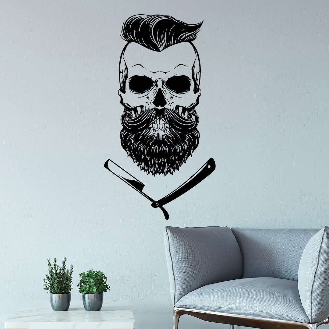 Barber Razor Sticker Skull Barbershop Vinyl Wall Decal Barber Shop Decoration Straight Razor ...