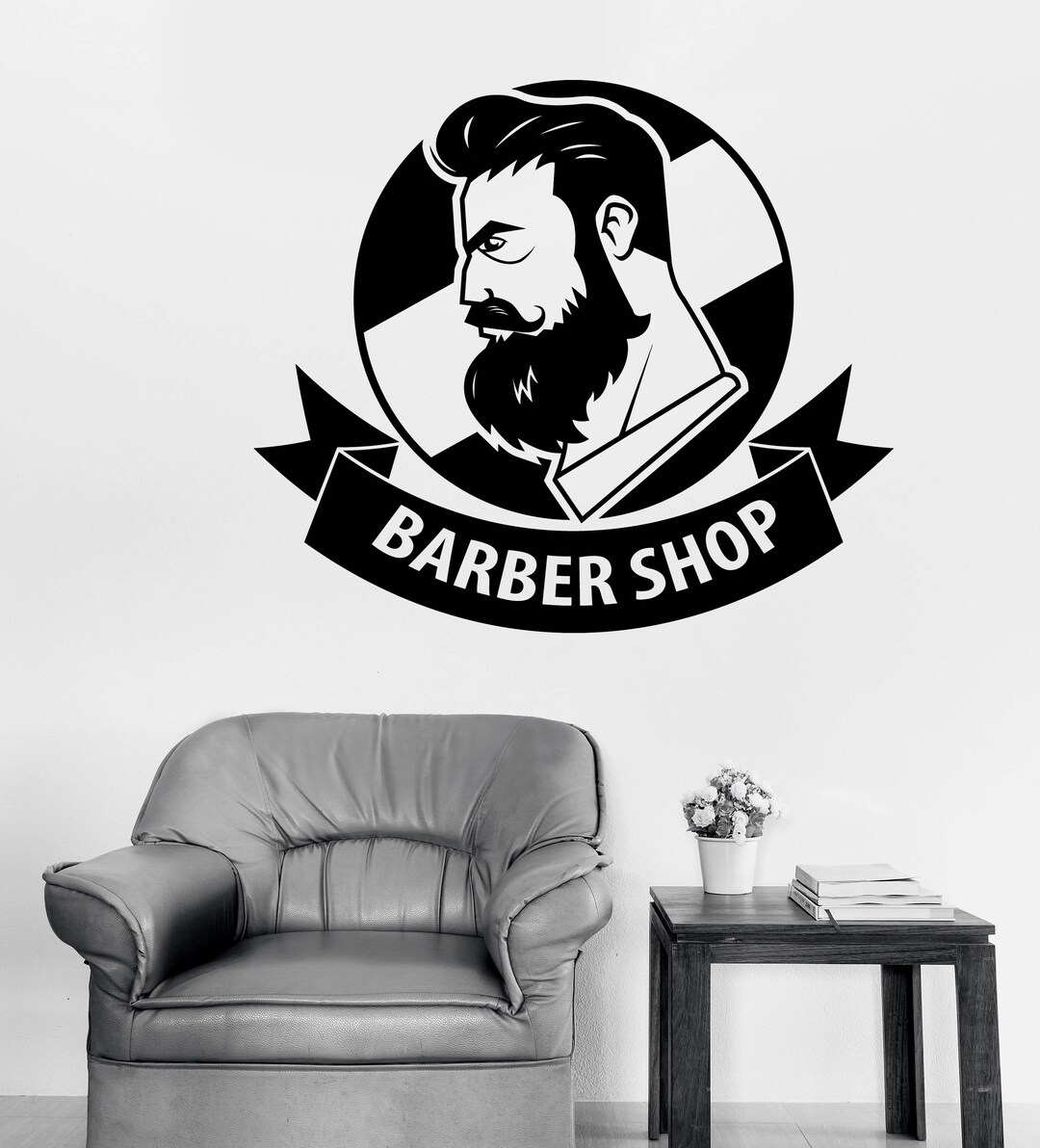 Wall Vinyl Decal Barber Shop With Ribbon Logo Decor for Beauty Salon ...