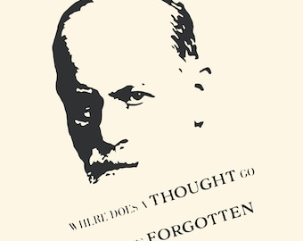 May include: Black and white illustration of a man's face with the text "Where does thought go when it's forgotten" below.