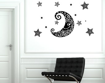 Vinilo decorativo de pared con diseño de luna, estrellas y espacio, estilo tribal. 1888dz