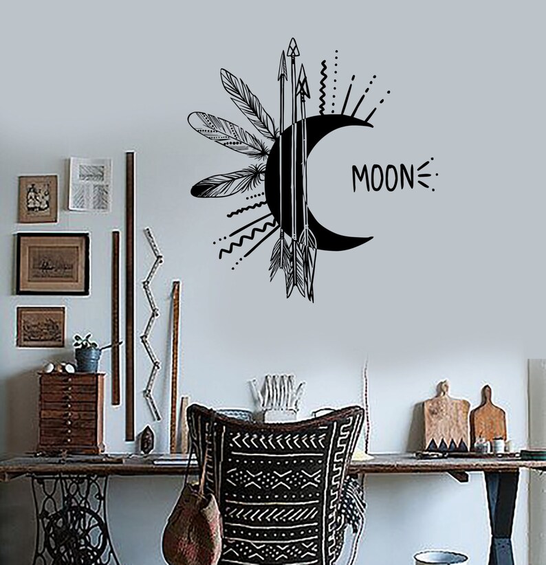 Wall Vinyl Decal Moon and Sun Night Sky Feather Stars | Etsy