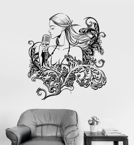 アート・デザイン・音楽 Girl Wall Vinyl Decal Singer Girl Woman Pop Rock Music Floral Decor