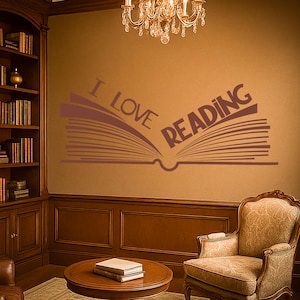 I Love Reading Open Book Vinyl Wall Decal – Literary Wall Art for Library, Reading Nook, Classroom or Nursery – Removable Decor (#3057di)