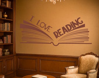 I Love Reading Open Book Vinyl Wall Decal – Literary Wall Art for Library, Reading Nook, Classroom or Nursery – Removable Decor (#3057di)