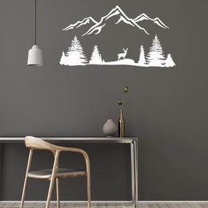 Nature Vinyl Wall Decal Mountain Trees Tree Forest Deer Animal Stickers ...