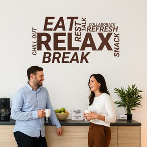 Break Room Wall Decor, Office Teamwork Vinyl Decal, Large Motivational Sticker for Workplace, Relax & Refresh Mural (#3164di)
