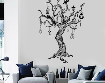 May include: Black and white illustration of a tree with various objects hanging from its branches, including a birdcage, lanterns, keys, and clocks. The tree is drawn in a whimsical style and would make a great addition to any home decor.